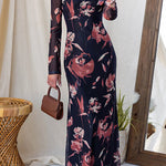 Round Neck Long Sleeves Floral Print Maxi Dress