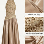 Mockneck Sleeveless Lace Splice Satin Maxi Dress