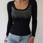 Women's Square Neck Long Sleeve Top Rhinestone Ribbed Knit Shirt Slim Fit Casual Sparkly Tee