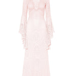 Pink Lace V-Neck Flare-Sleeve Maxi Dress With Side Slit