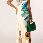 One Shoulder Sleeveless Floral Print Ruffle Hem Maxi Dress