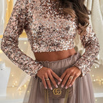 Crewneck Long Sleeves Bow Back Sequin Crop Top