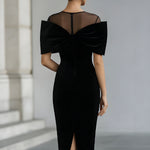 Dramatic Black Velvet Bow Midi Dress