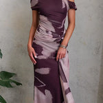 Asymmetrical Shoulder Draped Front Printed Maxi Dress