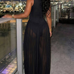 Women's Rhinestone Cutout Jumpsuit Sleeveless Sheer Chiffon Lantern Leg Overalls