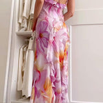 Margovil V Neck Backless Ruffle Trim Slit Floral Print Maxi Cami Dress