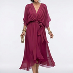 Elysia | V Neck Draped Waist Tie Midi Dress