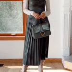 Strapless Pleated Faux Leather Midi Dress