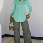Turn-down Collar Roll Up Sleeve Button Front Shirt Casual Side Slit Curved Hem Top