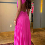 Margovil Crewneck Sleeveless Open Back Pleated Maxi Dress