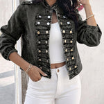 Button Decor Stand Collar Long Sleeve Jacket Casual Denim Coat
