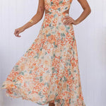 Crewneck Cut Out Waist Floral Print Maxi Dress