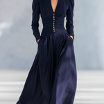 Stylish Elegant Button-decorated V-neck Long-sleeved Maxi Dress