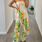 Women's Tropical Floral Jumpsuit Sexy Strapless Tube Overalls High Waisted Faux Two-Piece Jumpsuits with Detachable Clear Straps