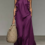 Margovil Sleeveless Linen Blend Ruffle Pocketed Maxi Dress