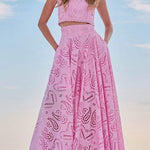 Margo Lace Hollow Out Crewneck Crop Tank Top High Waist Maxi Swing Skirt Set