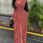 Geometric Print Long Sleeve Waist Tied Detail Maxi Dress Casual Slim Fit Slit Vacation Dress