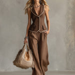 Classic Piped Brown Cotton And Linen Vest And Wide-leg Trousers Set