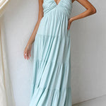 Margovil V Neck Ruffle Trim Tiered Sleeveless Linen Maxi Dress