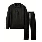 KZZ Men's solid color checkered casual suit, including long sleeved collar shirt and drawstring pants