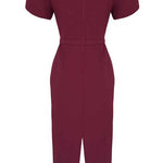 Mockneck Puff Short Sleeves Back Slit Midi Dress