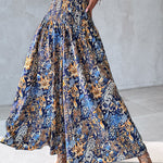 Boho Vintage Floral Print Shirred High Waist Wide Leg Pants
