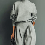 Women's Grey Blended Sweatshirt Wide-Leg Pants Set