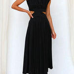 Margovil Mockneck Cut Out Waist Pockets Swing Dress