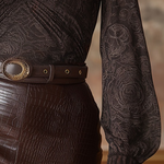 Elegant V-neck Lace Print Mocha Brown Long-sleeved Shirt