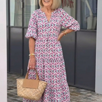 Mireya | Geometric Print Long Sleeve Tiered Midi Dress