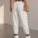 Women's Pockets Design Cargo Pants Casual High Waisted Trousers with Contrast Belt