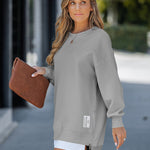 Letter Patch Detail Long Sleeve Drop Shoulder Pullover Sweatshirt Casual Zipper Side Slit Top