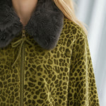 High-end Fashionable Leopard Print Velvet Faux Fur Collar Sweatshirt Wide-leg Pants Suit