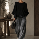 Relaxed Pleated Batwing Top and Wide-Leg Pants Two-Piece Set