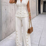 Women's 2-Piece Elegant Set Deep V-Neck Sleeveless Backless Pleated Top and Wide-Leg Pants Formal Outfit