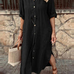 Casual solid color lapel long sleeve shirt dress