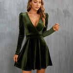 Sexy V Neck Long Sleeve Velvet Mini Dress