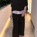 Stylish Sequin Patchwork Dolman Sleeve Top and Elastic Waist Wide Leg Pants Set