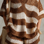 Retro Striped Knitted Batwing Sleeve Sweater & Shorts Set