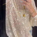 Shimmering Sequin Openwork Lantern Sleeve Blouse