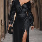 Sleek Black Satin One-Shoulder Maxi Dress
