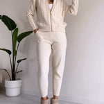 Nadorine Women's Casual Twist Jacquard Sweater Cardigan Two-Pieces Set