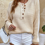 Waffle Knit Button V Neck Sweater Casual Long Sleeve Knit Pullover