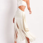 Bodycon Sleeveless Pleated Solid Color Tasseled One-Shoulder Maxi Dresses