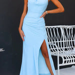 Sleeveless Asymmetric Shoulder Waisted Slit Maxi Dress