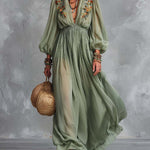Boho-Vintage Elegant Embroidered Chiffon Maxi Dress
