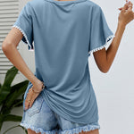 Pom-Pom Trim Flutter Sleeve Round Neck Tee Casual Blouses Tops