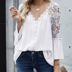Nadorine Lace Boho Blouses Crochet Flowy Bell Sleeve Button Down Casual T Shirts