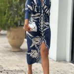 Unique Print Dolman Long Sleeve Ruched Slit Midi Dress