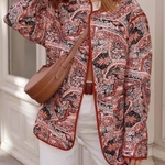 Retro Print Loose V-Neck Cardigan Cotton Jacket